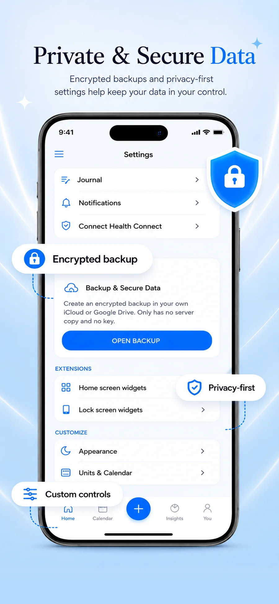 Oly privacy settings and encrypted backup controls