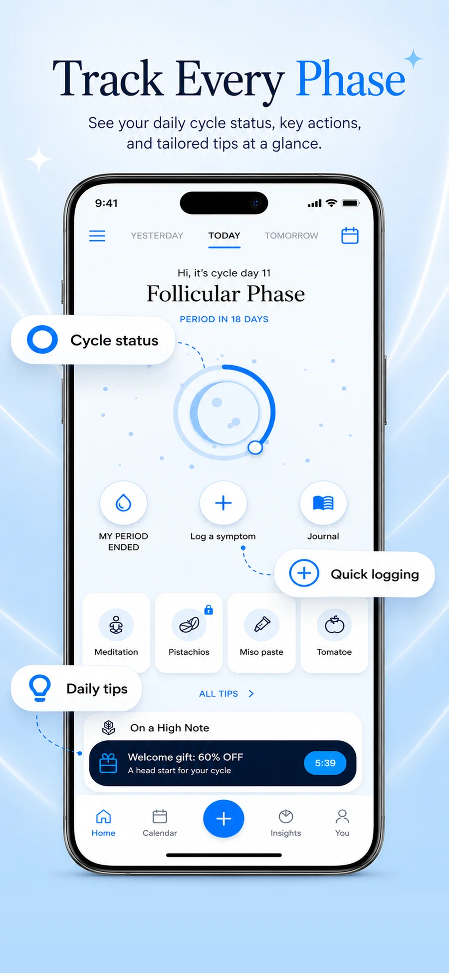 Oly cycle overview with phase status, quick symptom logging, and daily tips